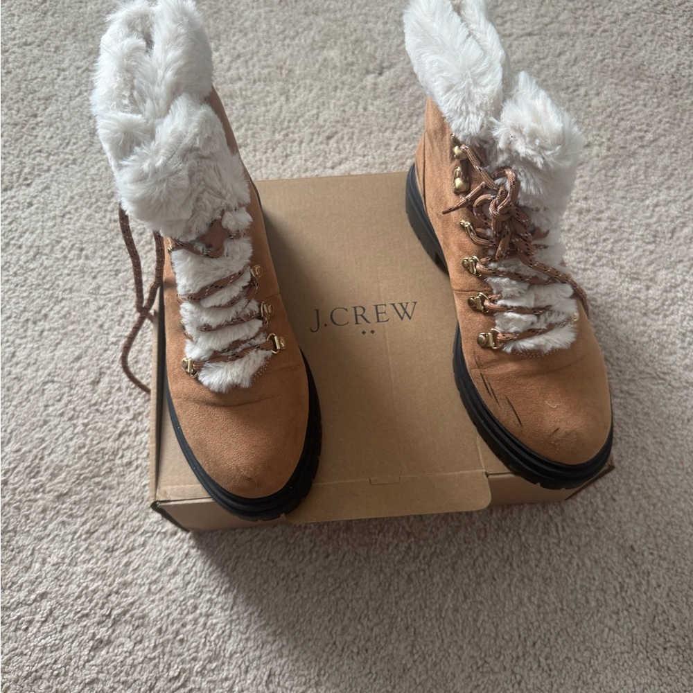 J. Crew Tan Winter Boots with White Fur